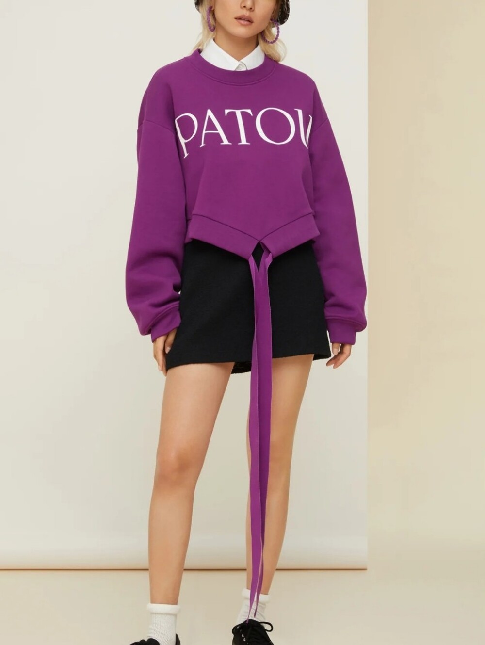 PATOU Cropped Grosgrain Purple Tie-Front Organic Cotton Sweatshirt *FLAW XS